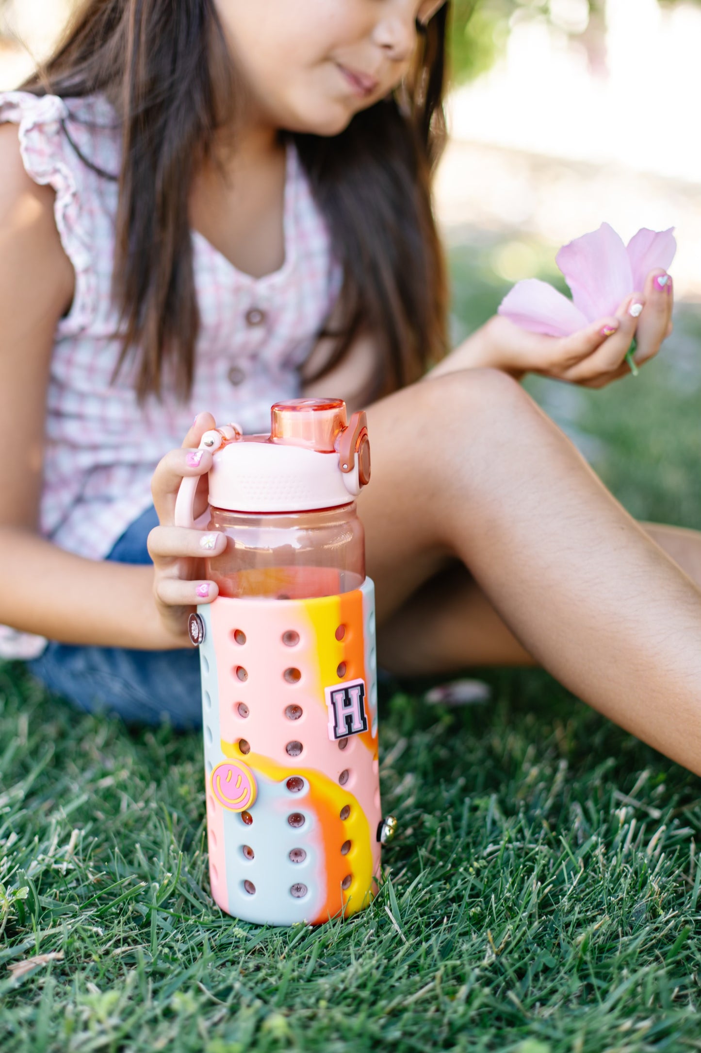 Pink 24oz Water Bottle with Rainbow Sleeve